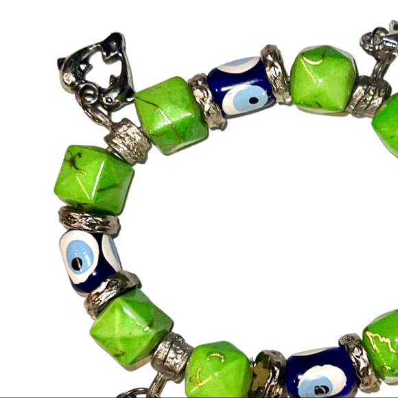 VTG Jasper, Silver Sea Glass Evil Eye Beaded Bracelet - Picture 13 of 13